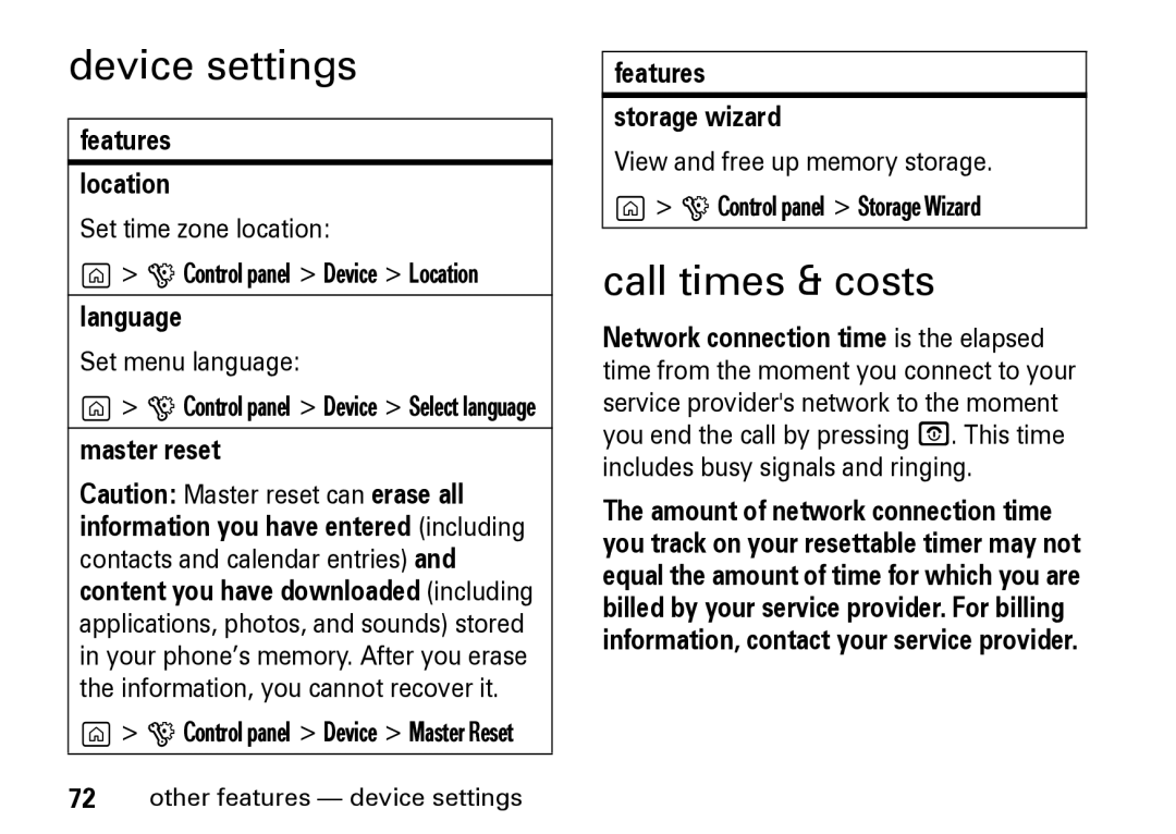 Motorola Z8 manual Device settings, Call times & costs 