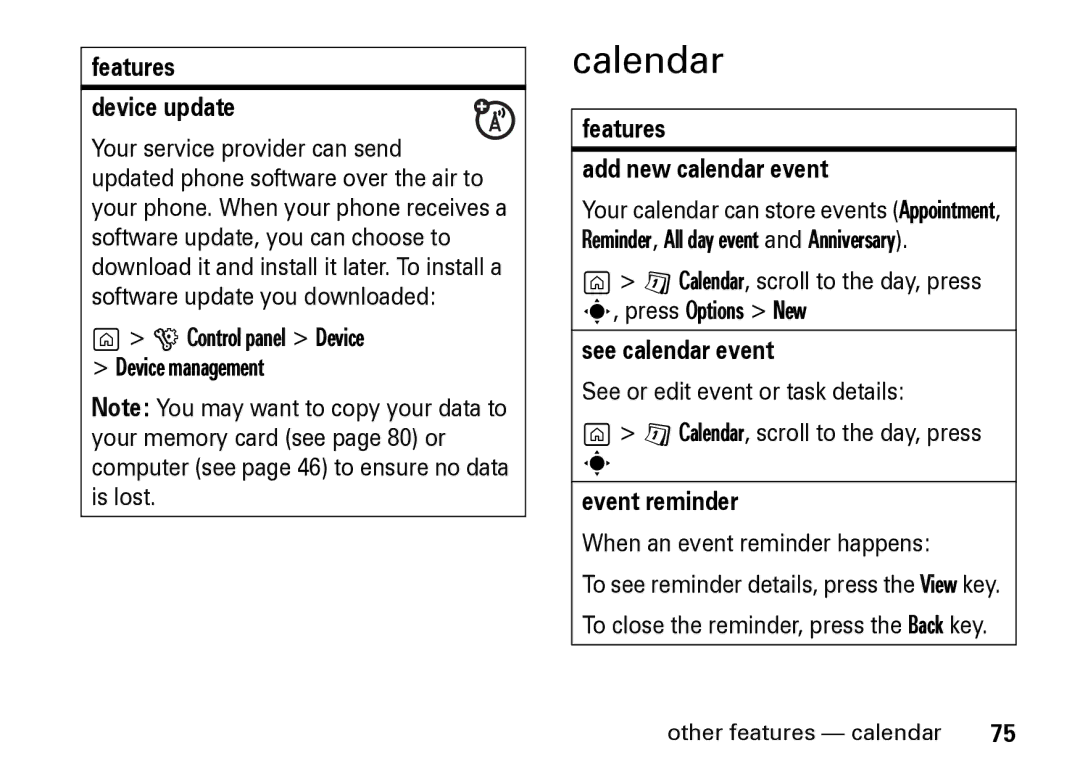 Motorola Z8 manual Calendar, Features Device update, Features Add new calendar event, See calendar event, Event reminder 