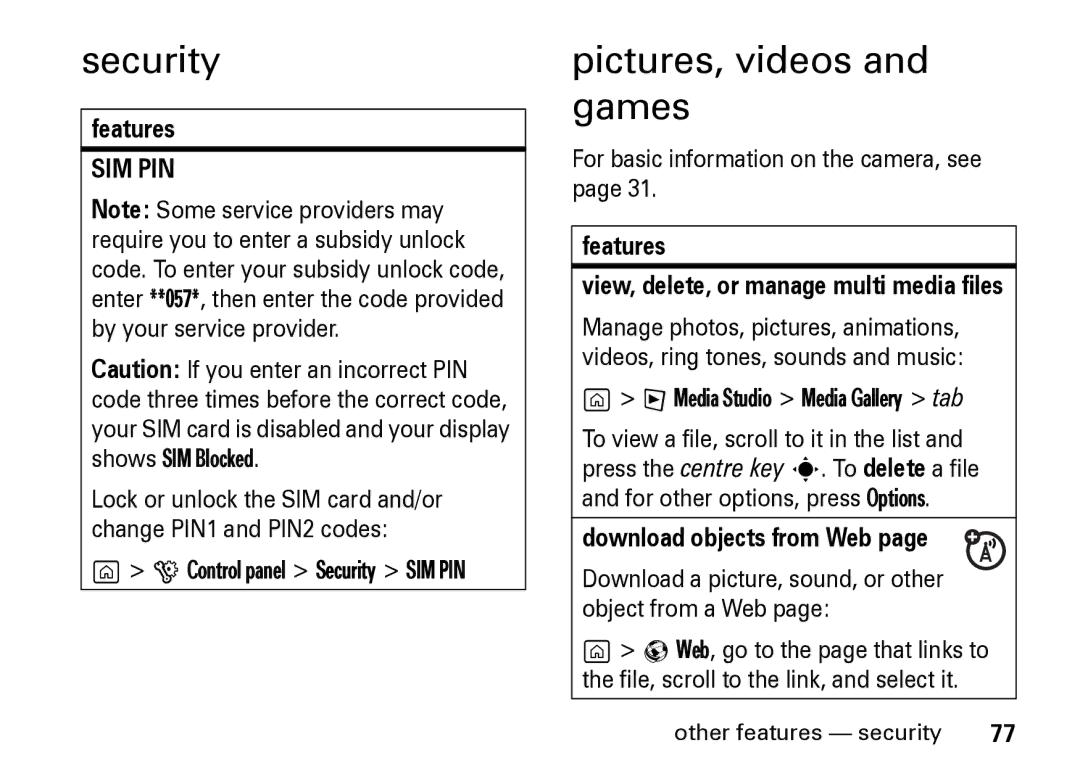 Motorola Z8 manual Security, Pictures, videos and games, Features, Download objects from Web 