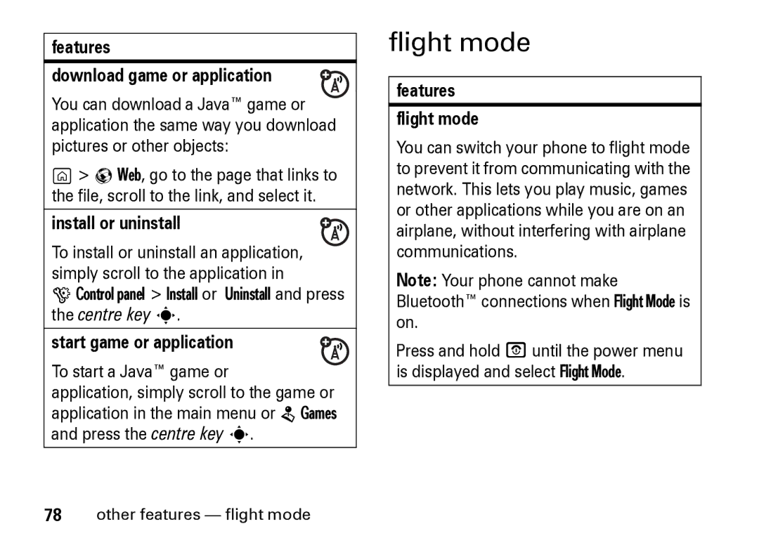 Motorola Z8 manual Flight mode, Features Download game or application, Install or uninstall, Start game or application 