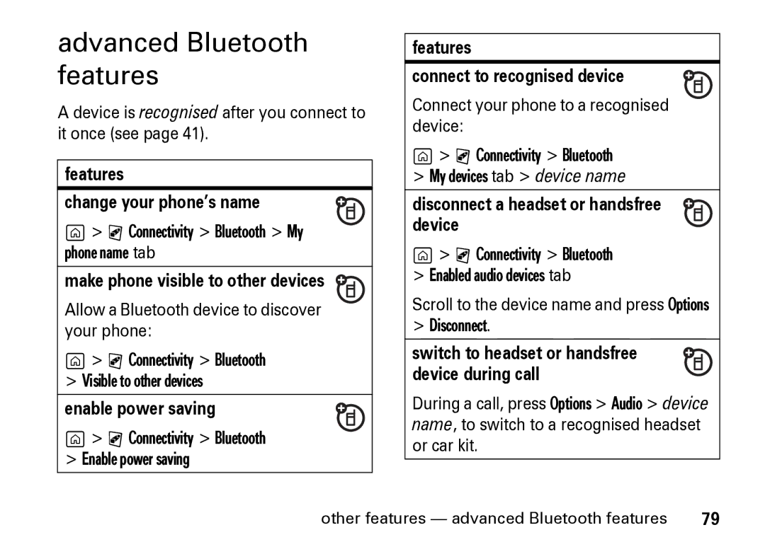 Motorola Z8 manual Advanced Bluetooth features 