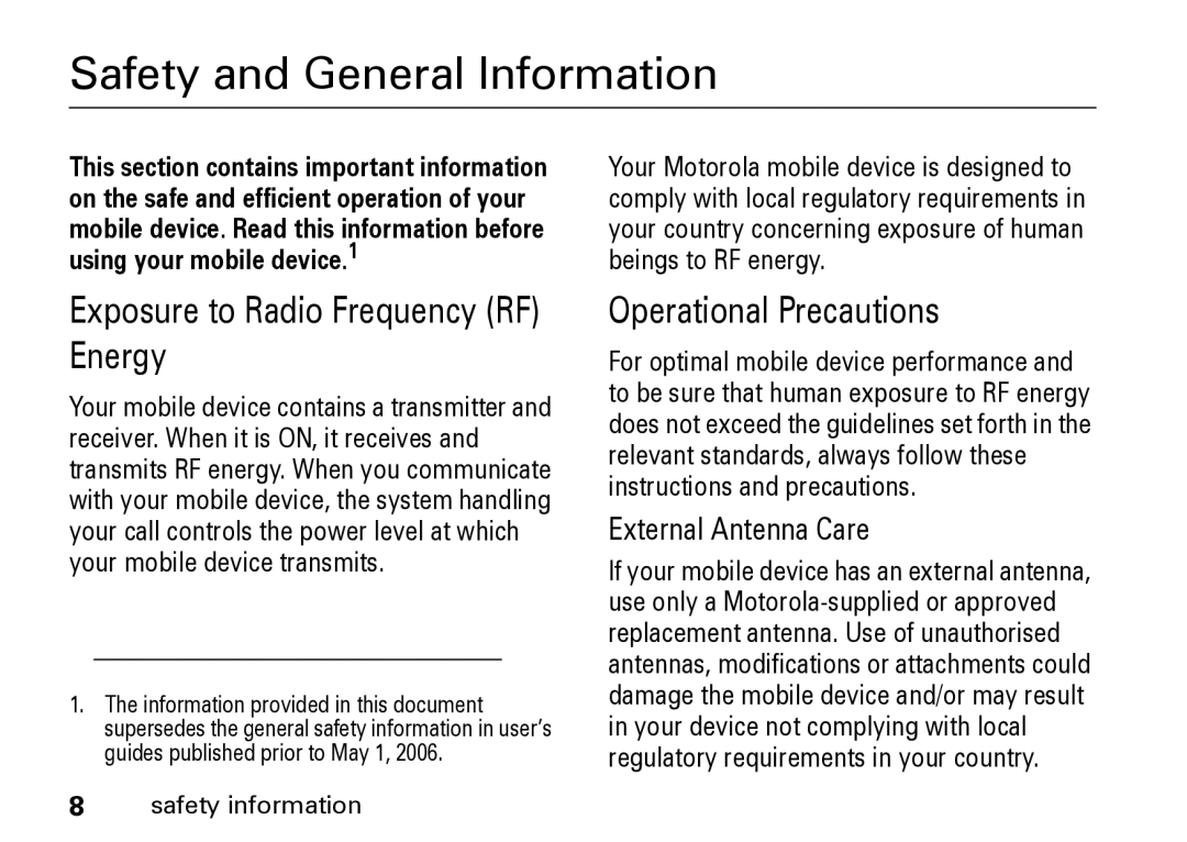 Motorola Z8 manual Safety and General Information 