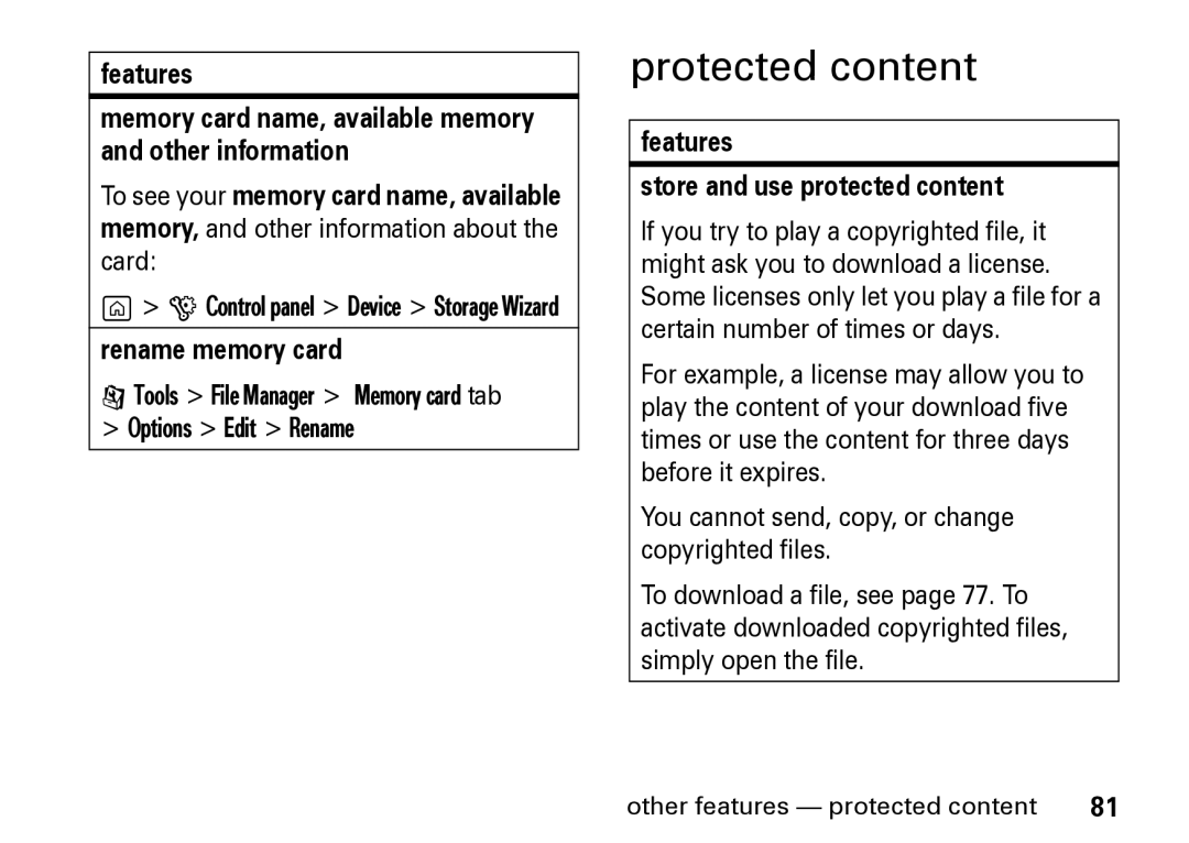 Motorola Z8 manual Protected content, Rename memory card, Features Store and use protected content 