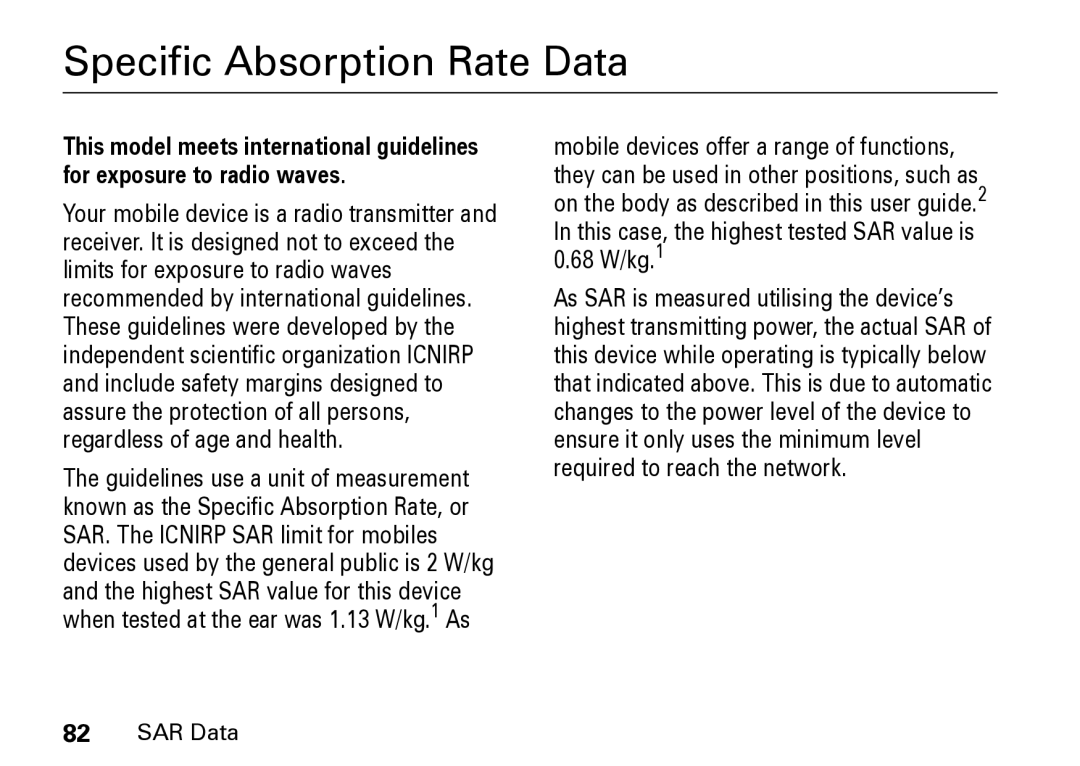 Motorola Z8 manual Specific Absorption Rate Data 