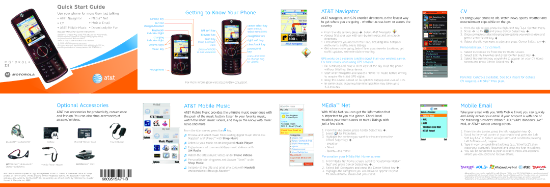Motorola Z9 manual Getting to Know Your Phone, AT&T Navigator, Optional Accessories AT&T Mobile Music, MEdia Net 