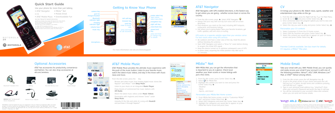 Motorola Z9 manual Getting to Know Your Phone, AT&T Navigator, Optional Accessories, AT&T Mobile Music, MEdia Net 