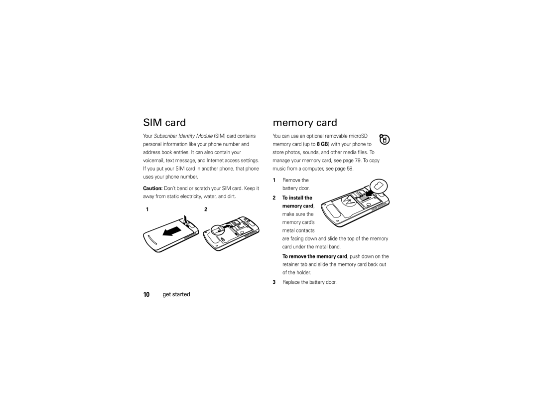 Motorola Z9n manual SIM card, To install Memory card, make sure, Replace the battery door 