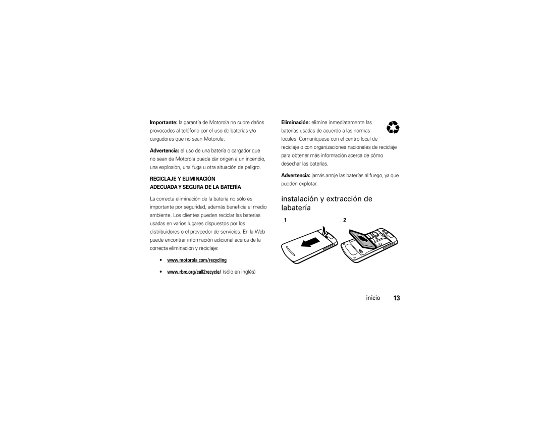 Motorola Z9n manual Instalación y extracción de labatería, Reciclaje Y Eliminación Adecuaday Segura DE LA Batería 