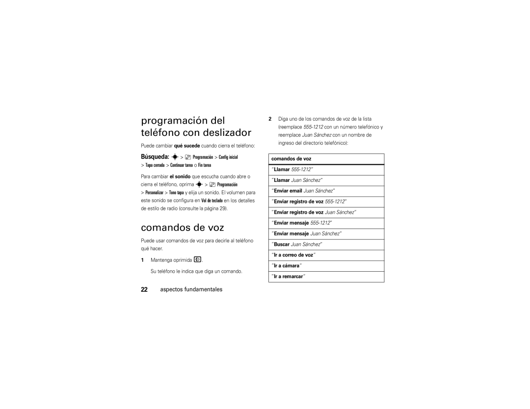 Motorola Z9n manual Programación del teléfono con deslizador, Comandos de voz, Ir a correo de voz Ir a cámara Ir a remarcar 