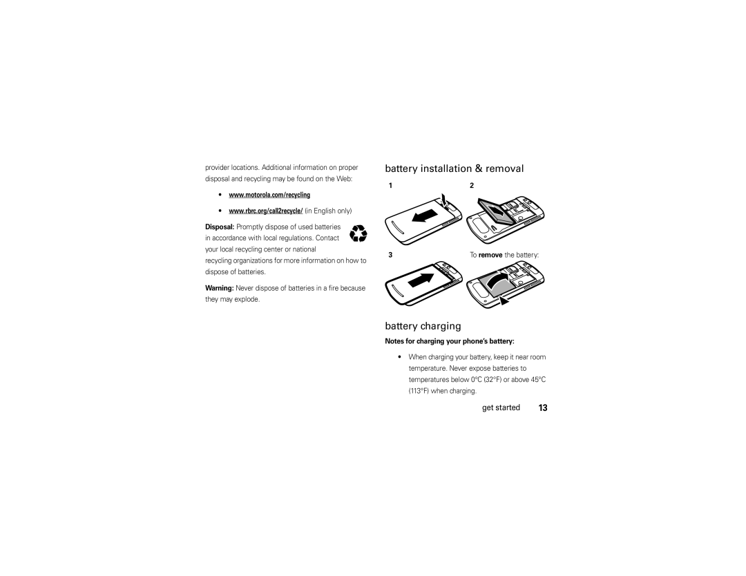 Motorola Z9n manual Battery installation & removal, Battery charging 