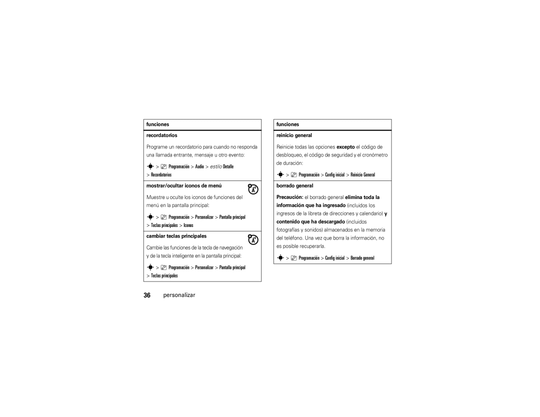 Motorola Z9n manual Programación Audio estilo Detalle Recordatorios, Programación Config inicial Reinicio General 