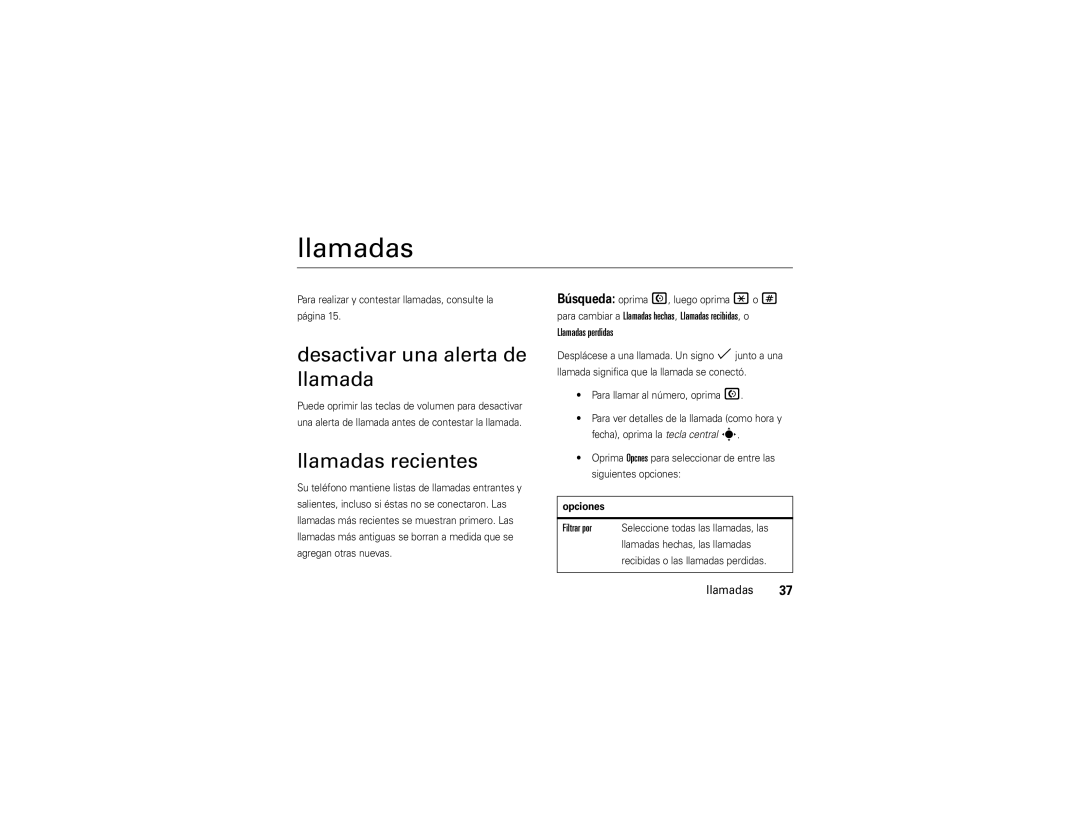 Motorola Z9n manual Desactivar una alerta de llamada, Llamadas recientes 