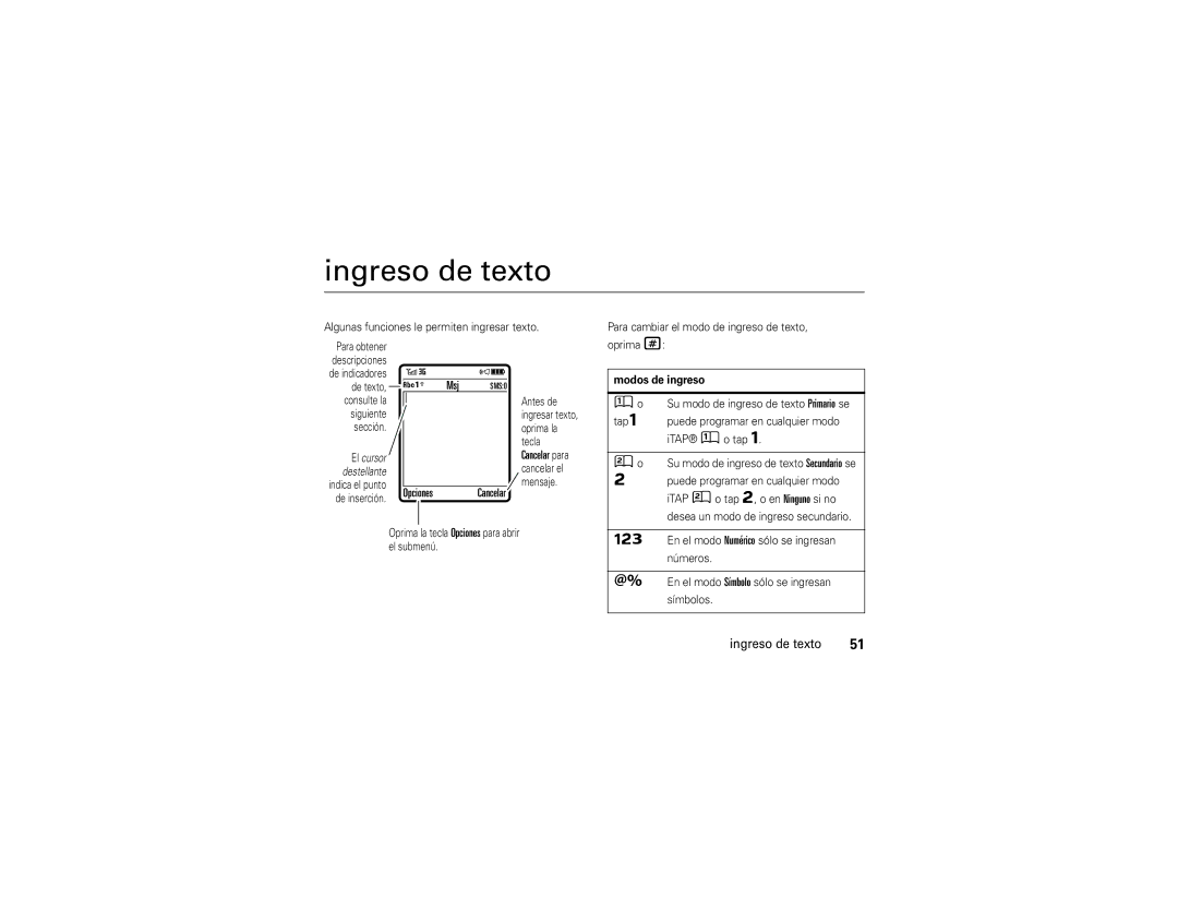 Motorola Z9n manual Ingreso de texto, Msj, Cancelar, Modos de ingreso 