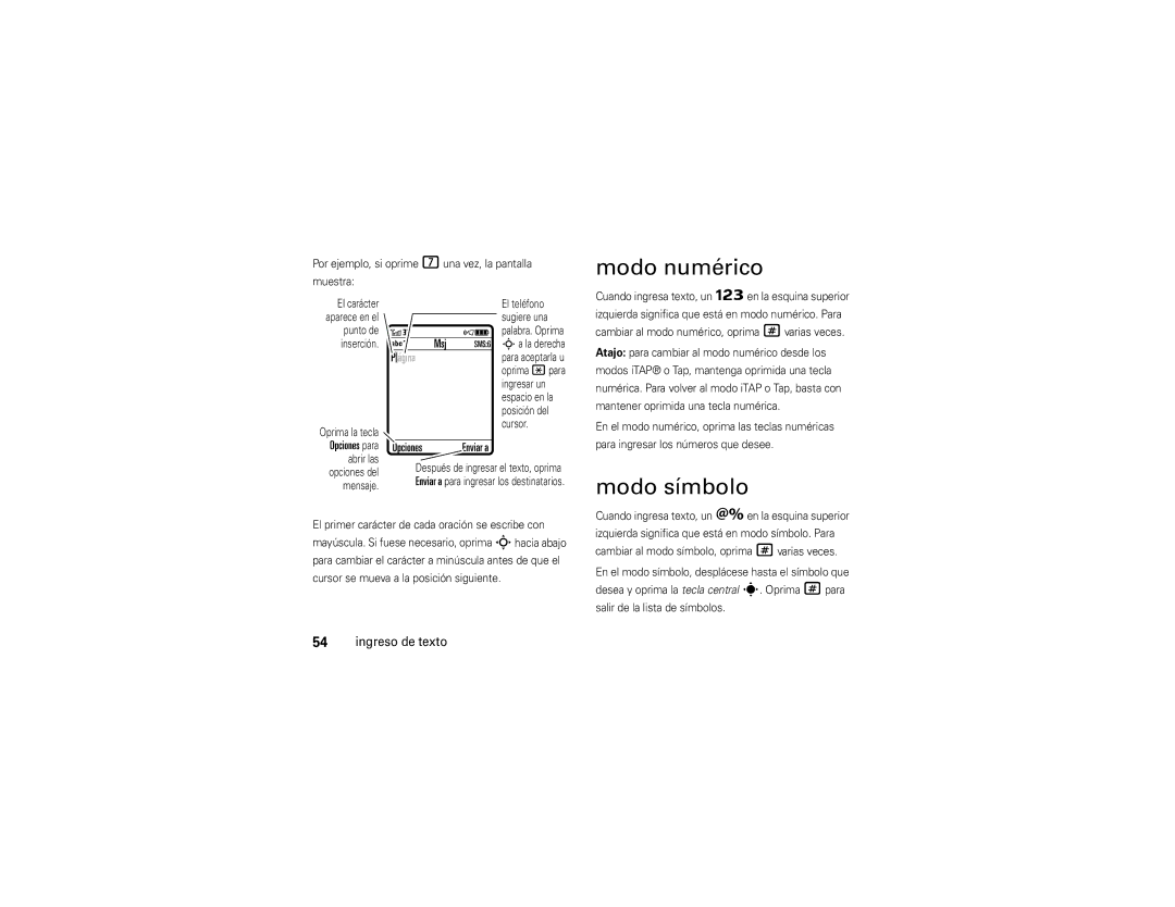 Motorola Z9n manual Modo numérico, Modo símbolo, Opciones para, Enviar a 