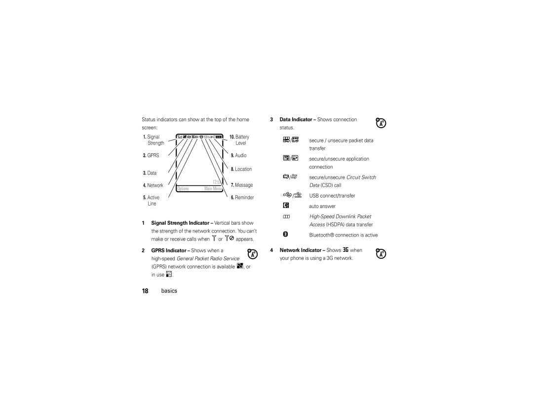 Motorola Z9n Data Indicator Shows connection, Signal Strength Indicator Vertical bars show, Network Indicator Shows D when 