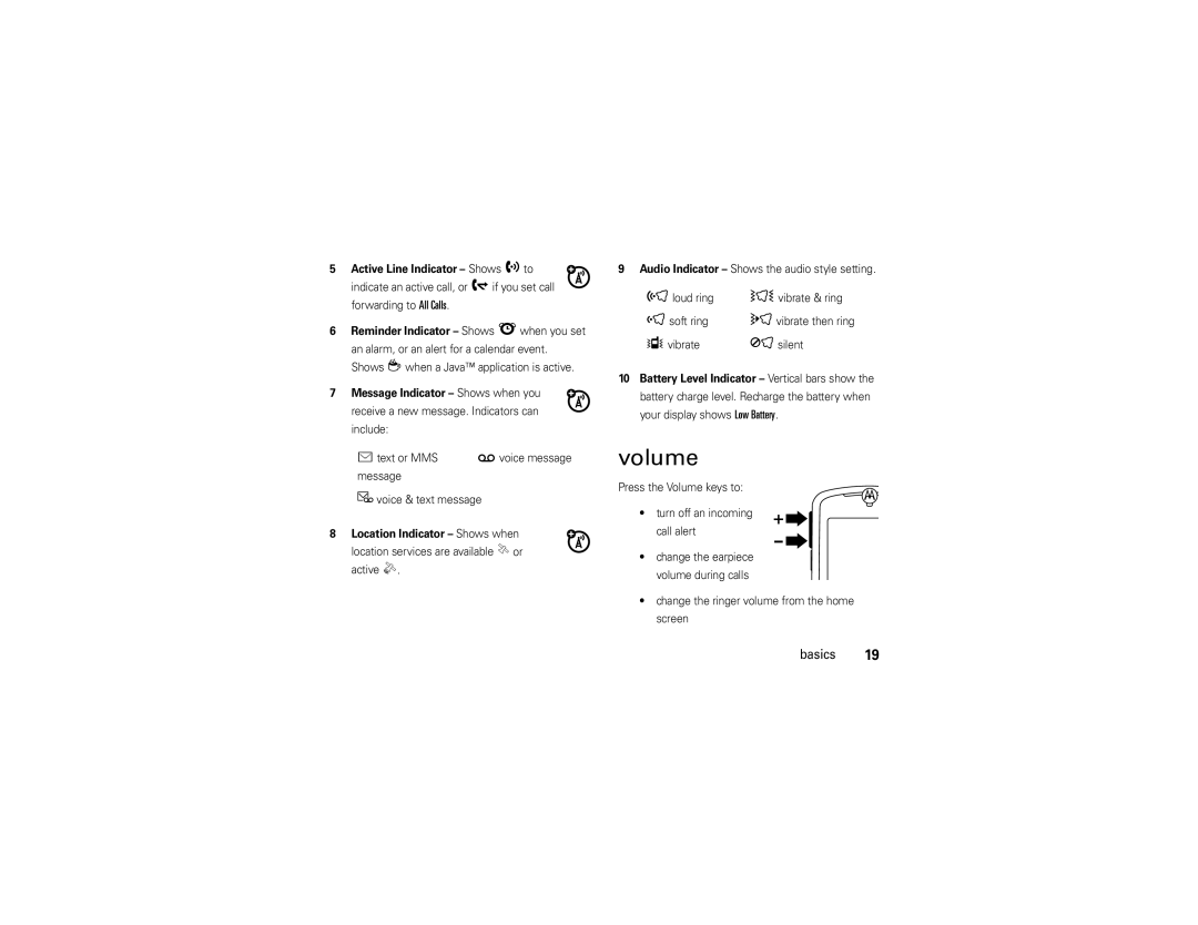 Motorola Z9n manual Volume, Reminder Indicator Shows lwhen you set 