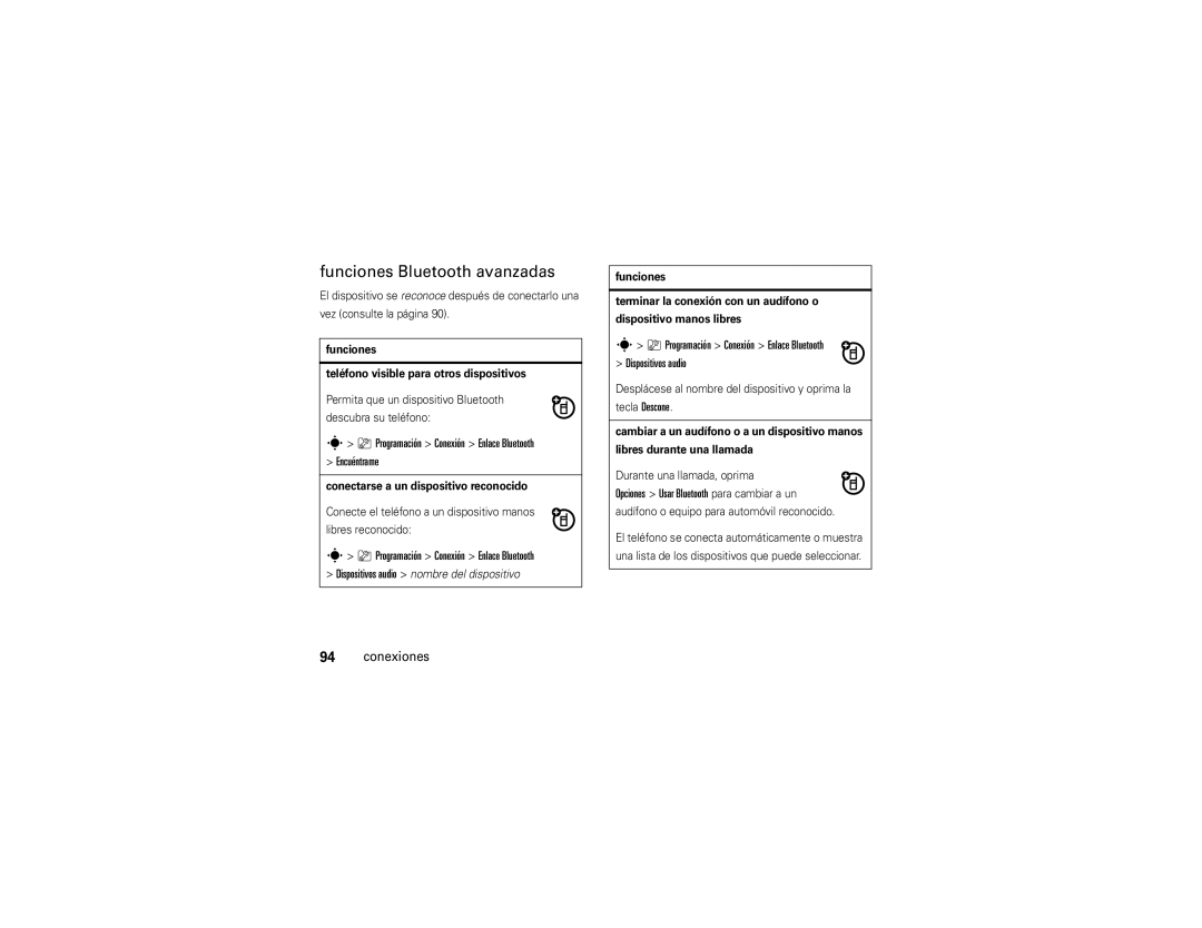 Motorola Z9n manual Funciones Bluetooth avanzadas, Programación Conexión Enlace Bluetooth Encuéntrame 