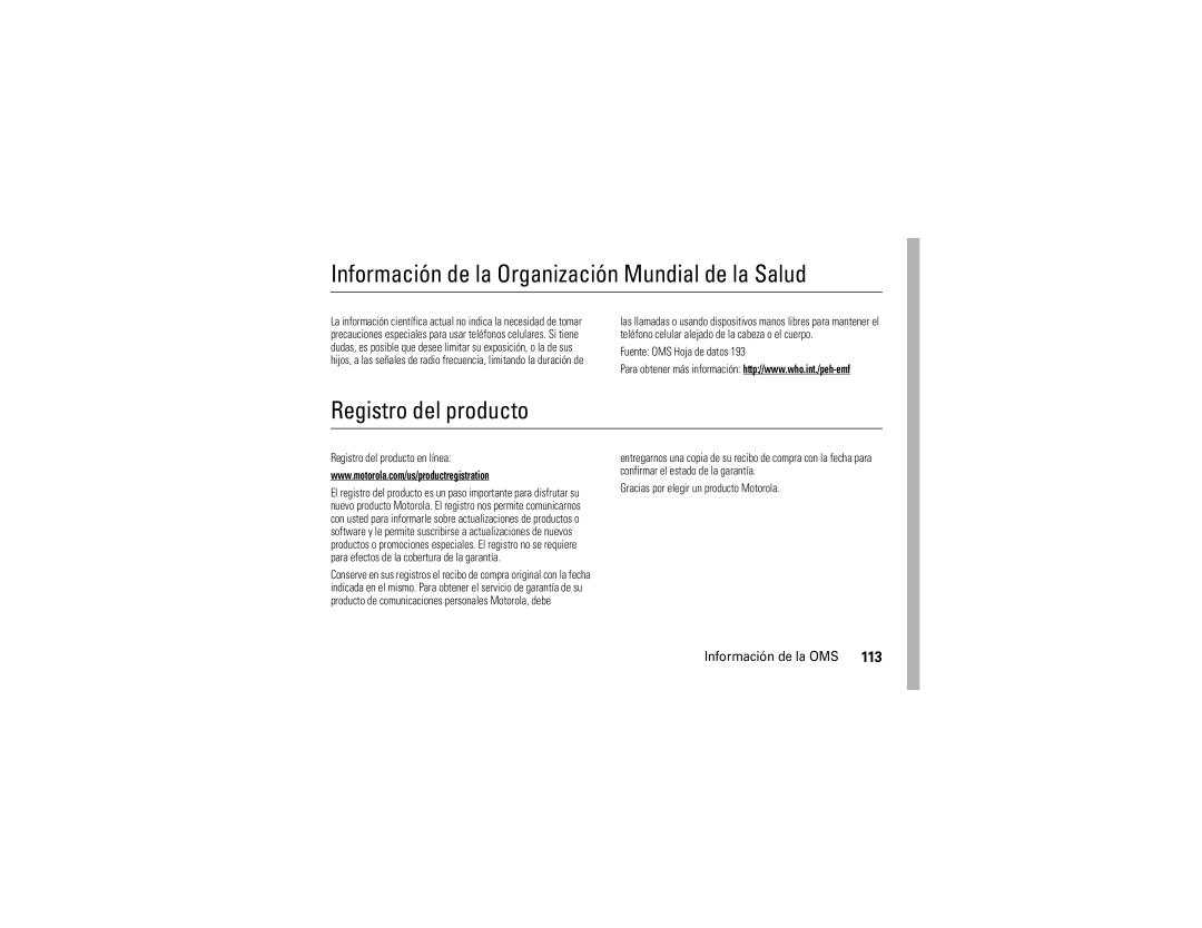 Motorola Z9n manual Información de la Organización Mundial de la Salud, Registro del producto, Información de la OMS 