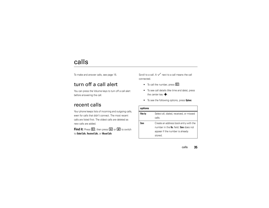 Motorola Z9n manual Calls, Turn off a call alert, Recent calls 