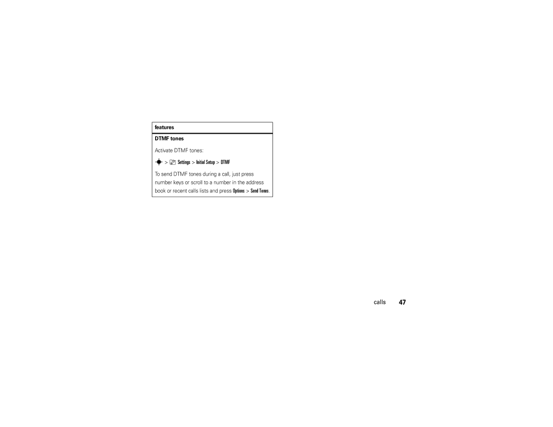 Motorola Z9n manual Settings Initial Setup Dtmf, Features Dtmf tones, Activate Dtmf tones 
