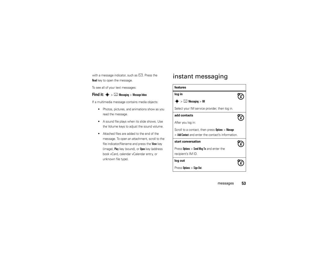 Motorola Z9n manual Instant messaging, Find it s eMessaging Message Inbox, EMessaging IM, Press Options Sign Out Messages 