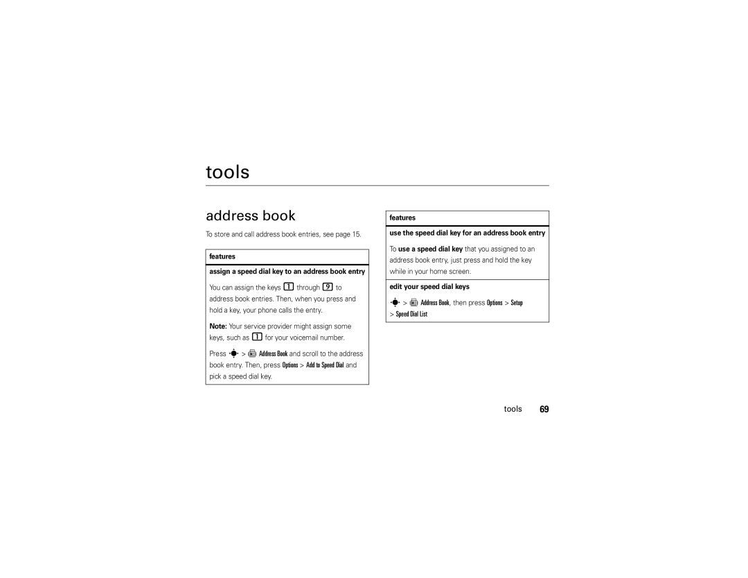 Motorola Z9n Tools, Address book, Features Assign a speed dial key to an address book entry, Edit your speed dial keys 
