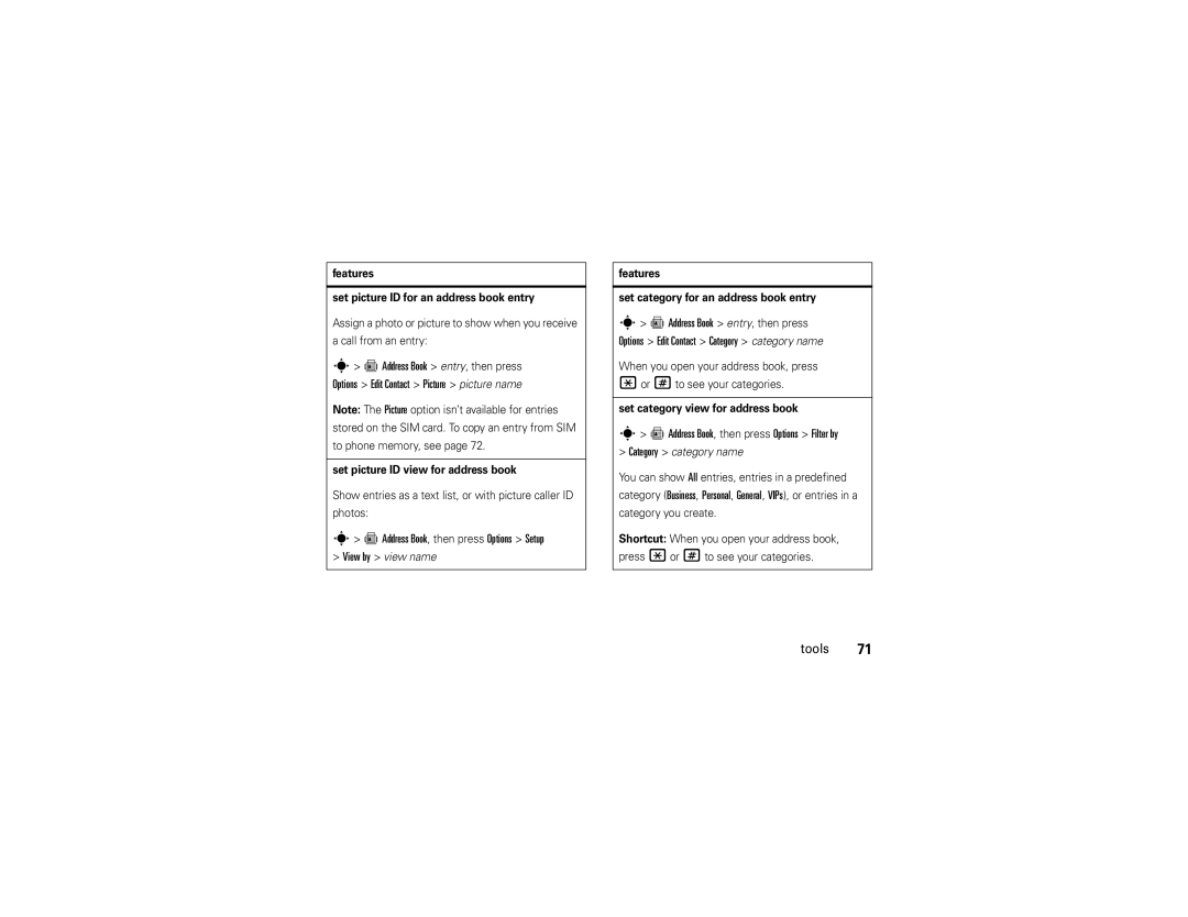 Motorola Z9n manual = Address Book, then press Options Setup, = Address Book, then press Options Filter by 