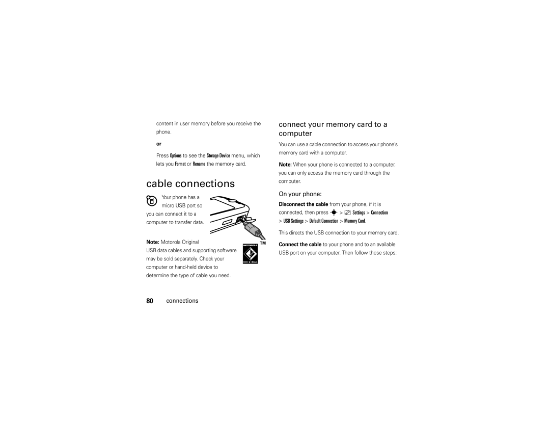 Motorola Z9n manual Cable connections, Connect your memory card to a computer, On your phone 