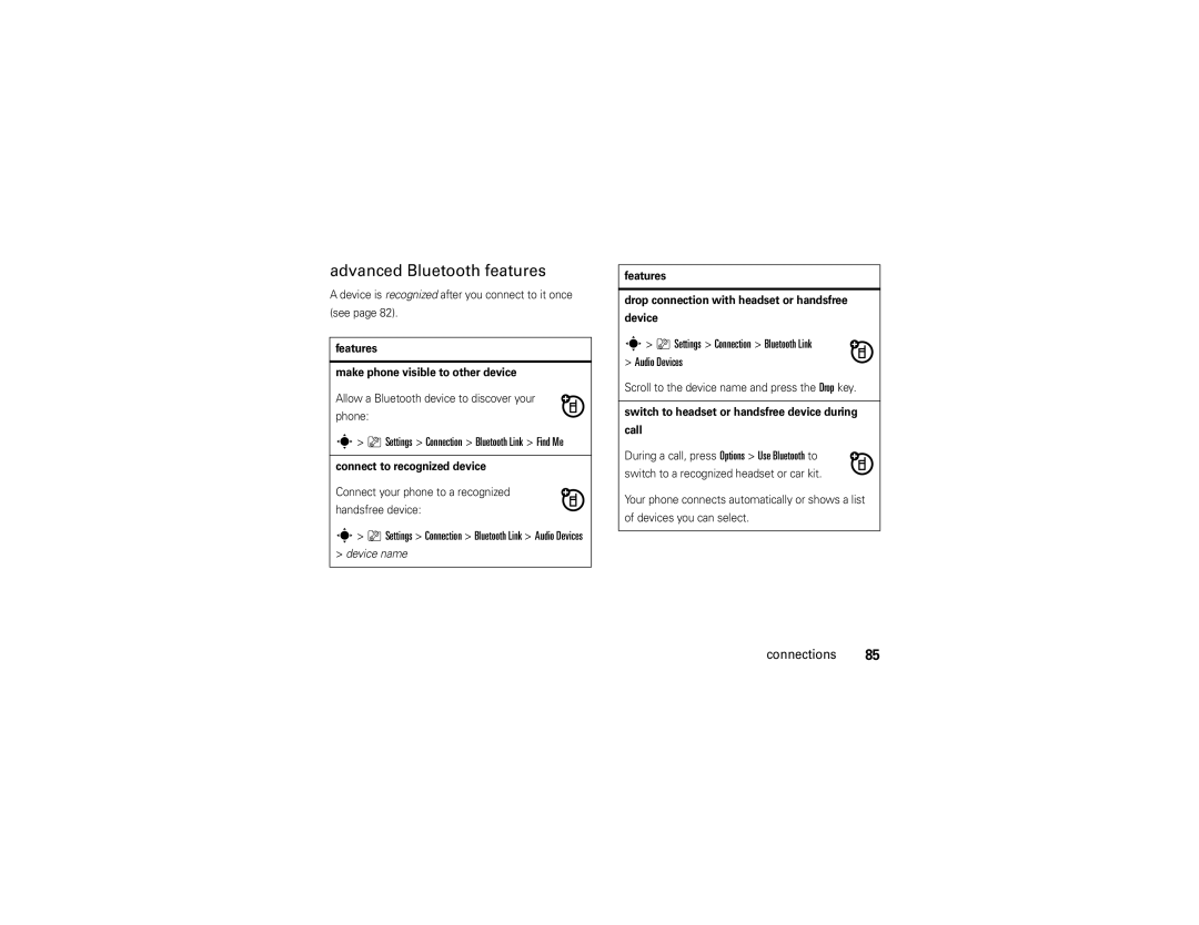 Motorola Z9n manual Advanced Bluetooth features, Settings Connection Bluetooth Link Audio Devices 