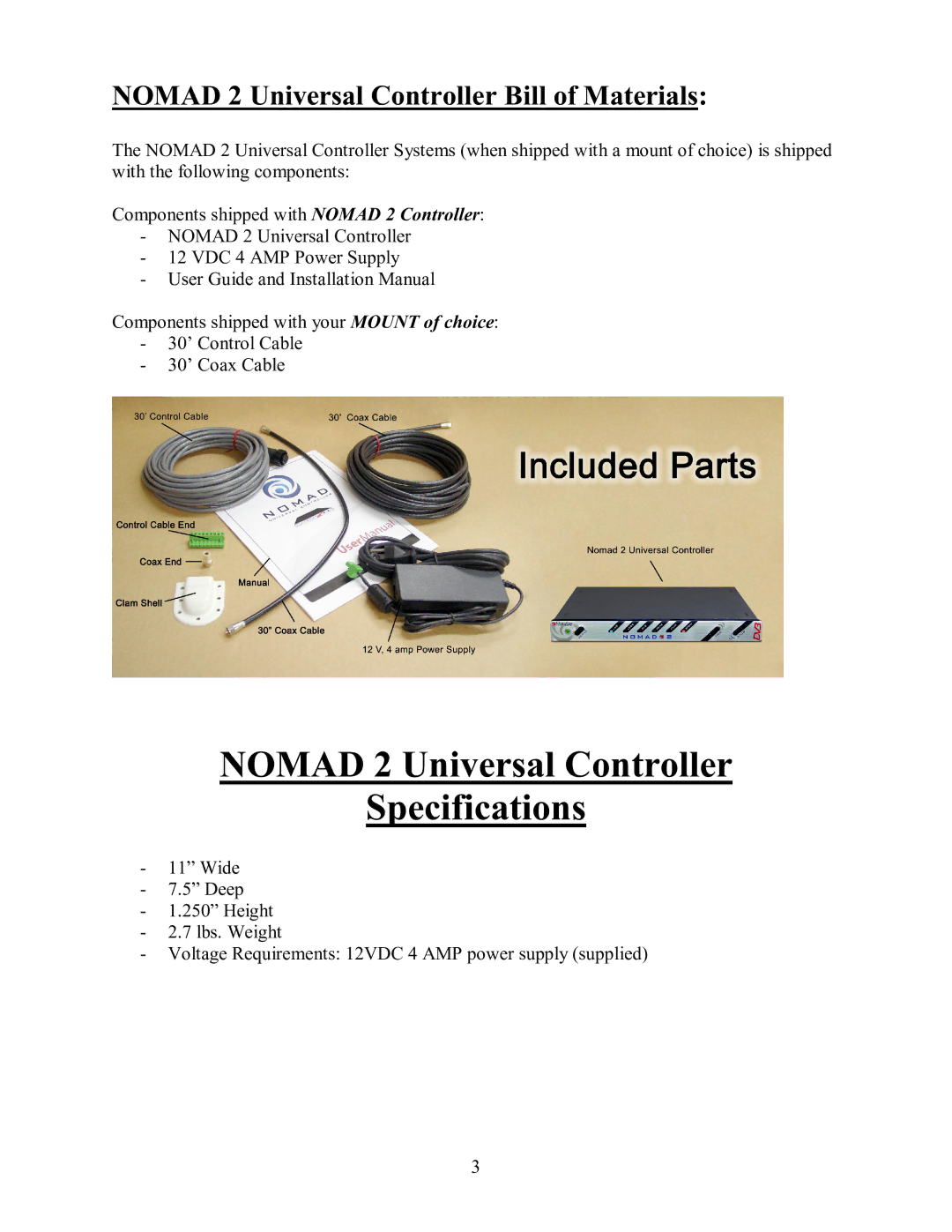 MotoSAT 901NOMAD 2IM manual Nomad 2 Universal Controller Specifications 