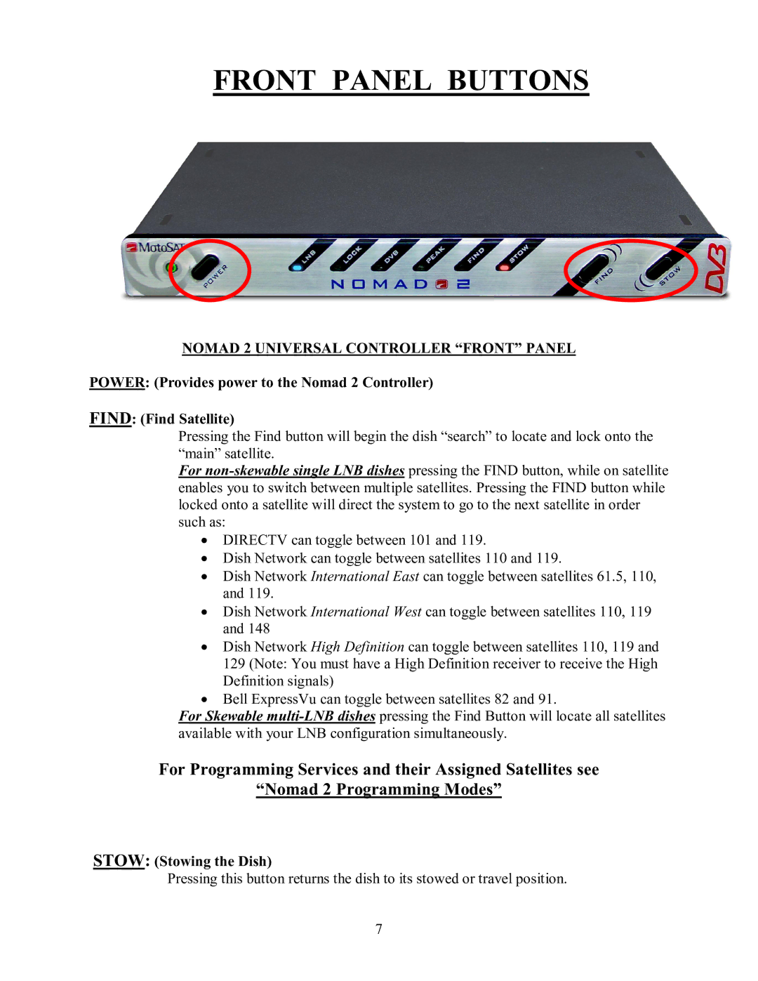 MotoSAT 901NOMAD 2IM manual Front Panel Buttons, Nomad 2 Universal Controller Front Panel 