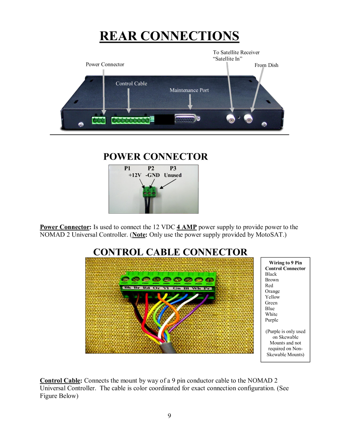 MotoSAT 901NOMAD 2IM manual Rear Connections, Power Connector 