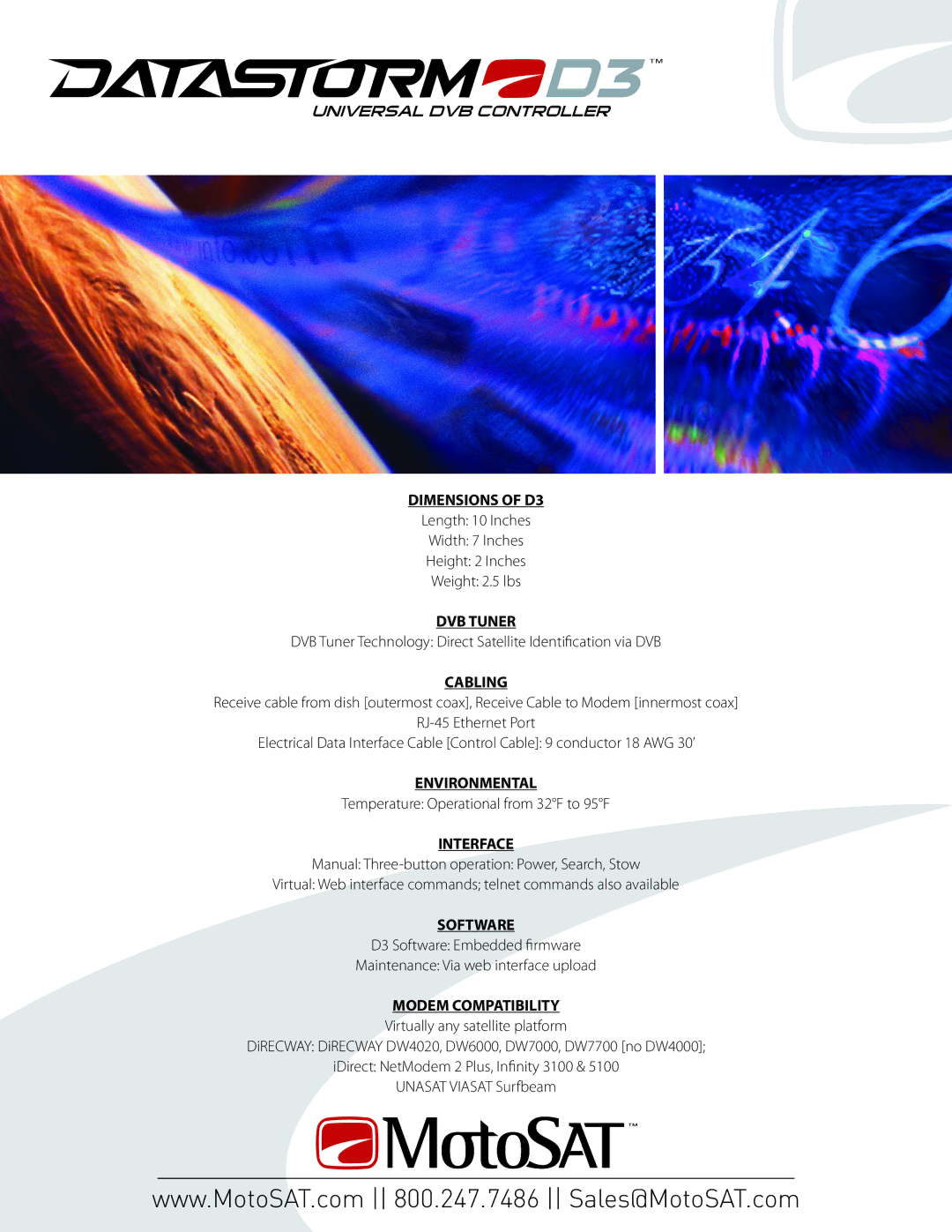 MotoSAT manual Dimensions of D3, DVB Tuner, Cabling, Environmental, Interface, Software 