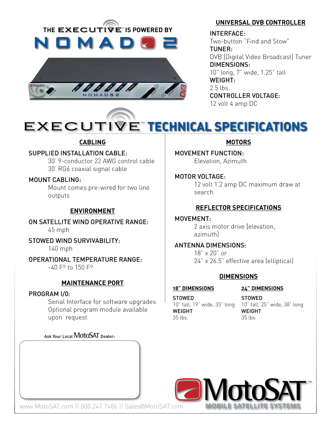 MotoSAT Executive Is Powered by, Cabling, Environment, Maintenance Port, Motors, Reflector Specifications, Dimensions 