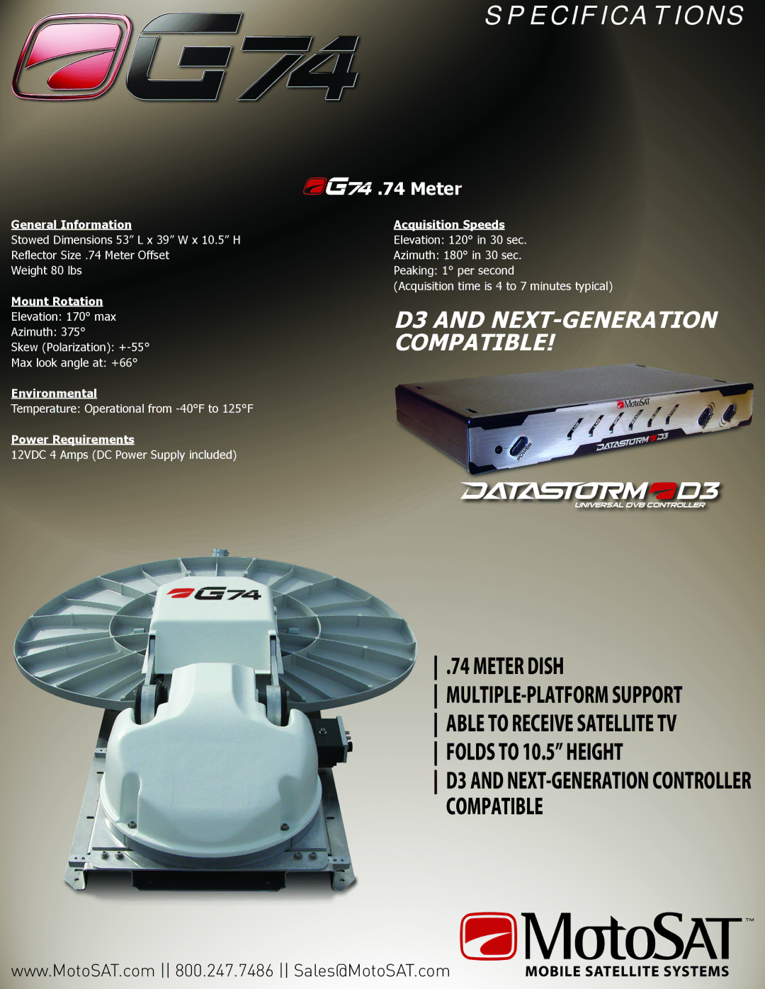 MotoSAT G74 manual Specification S, D3 and NEXT-GENERATION Compatible, Meter 