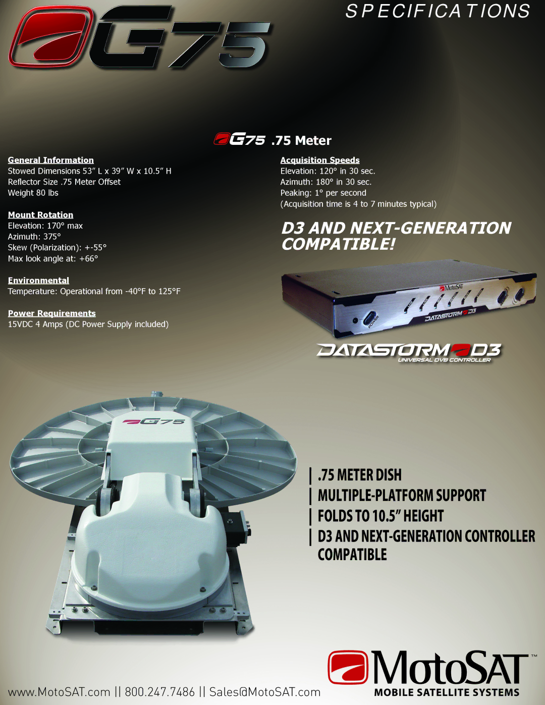 MotoSAT G75 manual Specification S, D3 and NEXT-GENERATION Compatible, Meter 