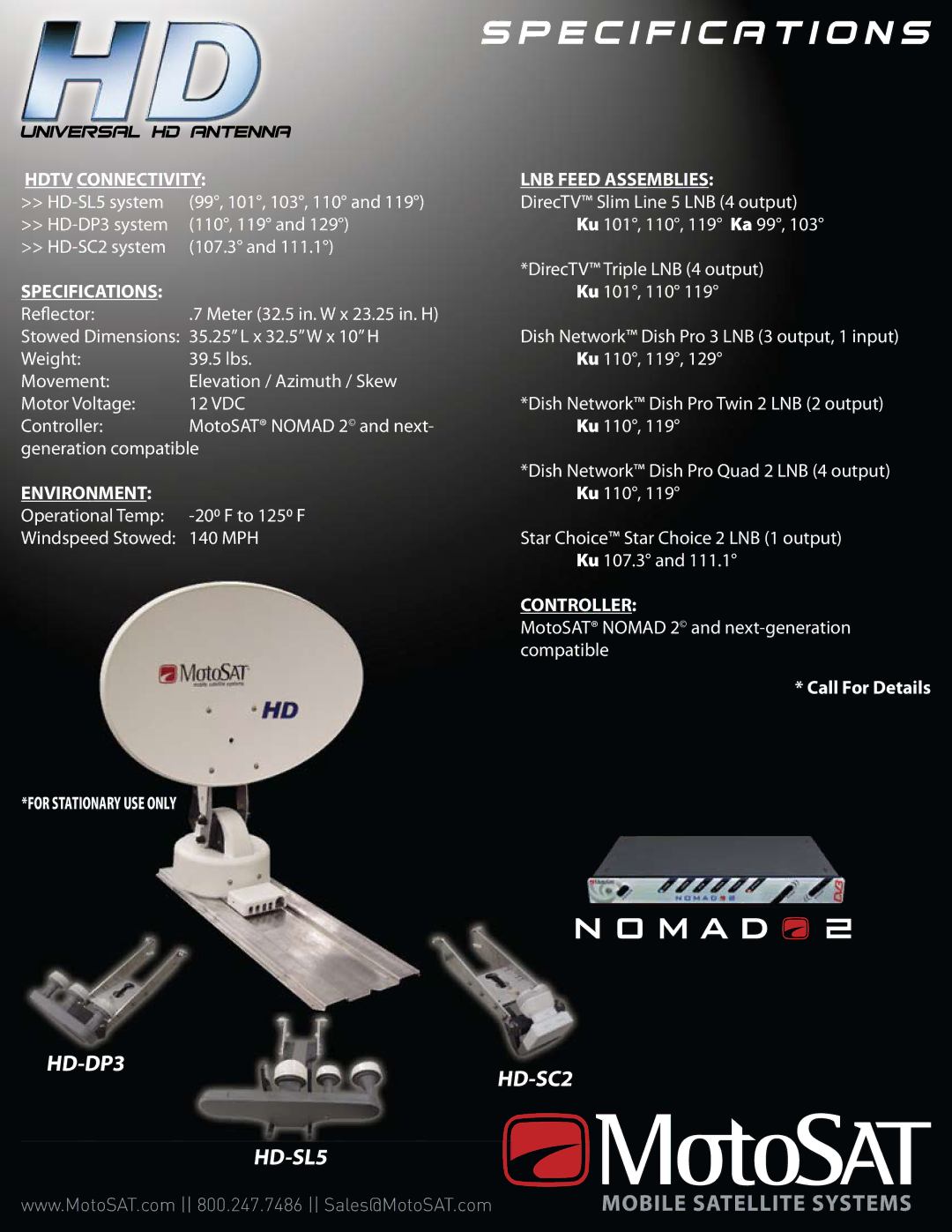 MotoSAT HD-SC2, D-DP3 manual Hdtv Connectivity, Specifications, LNB Feed Assemblies, Environment, Controller 