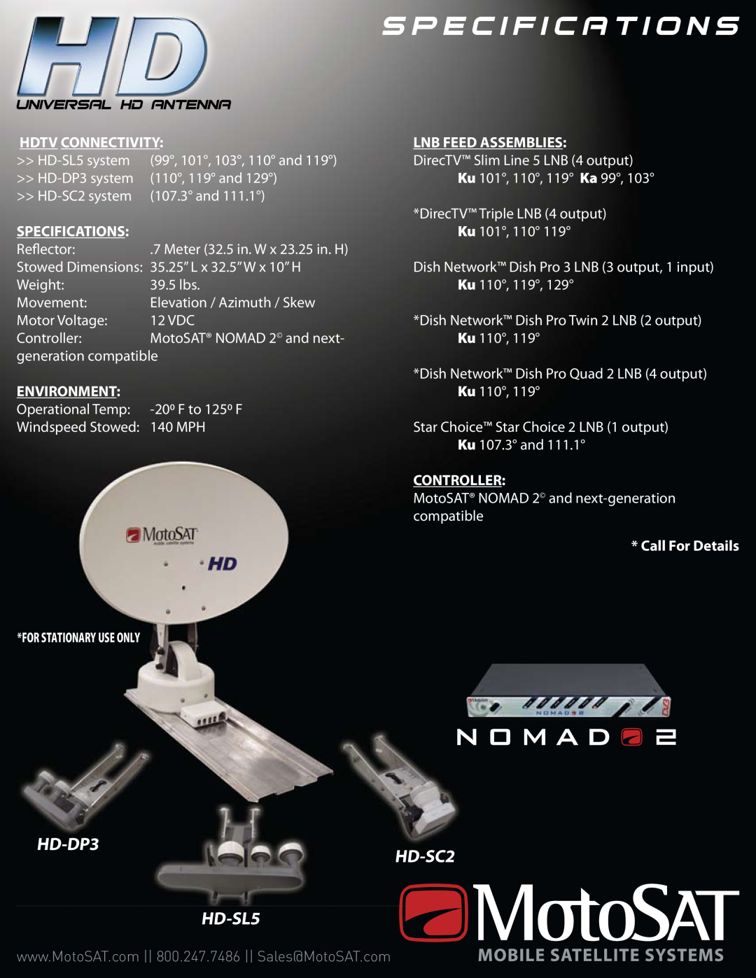 MotoSAT HD-SC2 manual HD-DP3, HD-SL5, Hdtv Connectivity, Specifications, Lnb Feed Assemblies, Environment, Controller 