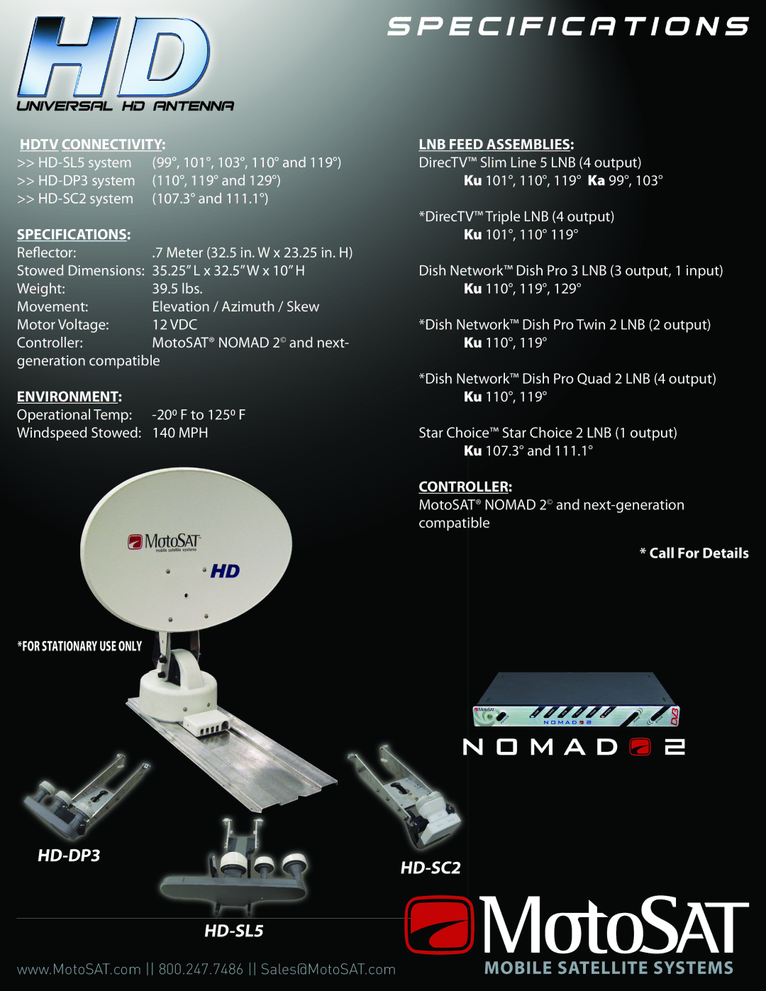 MotoSAT HD-SL5, HD-DP3 manual Hdtv Connectivity, Specifications, LNB Feed Assemblies, Environment, Controller 