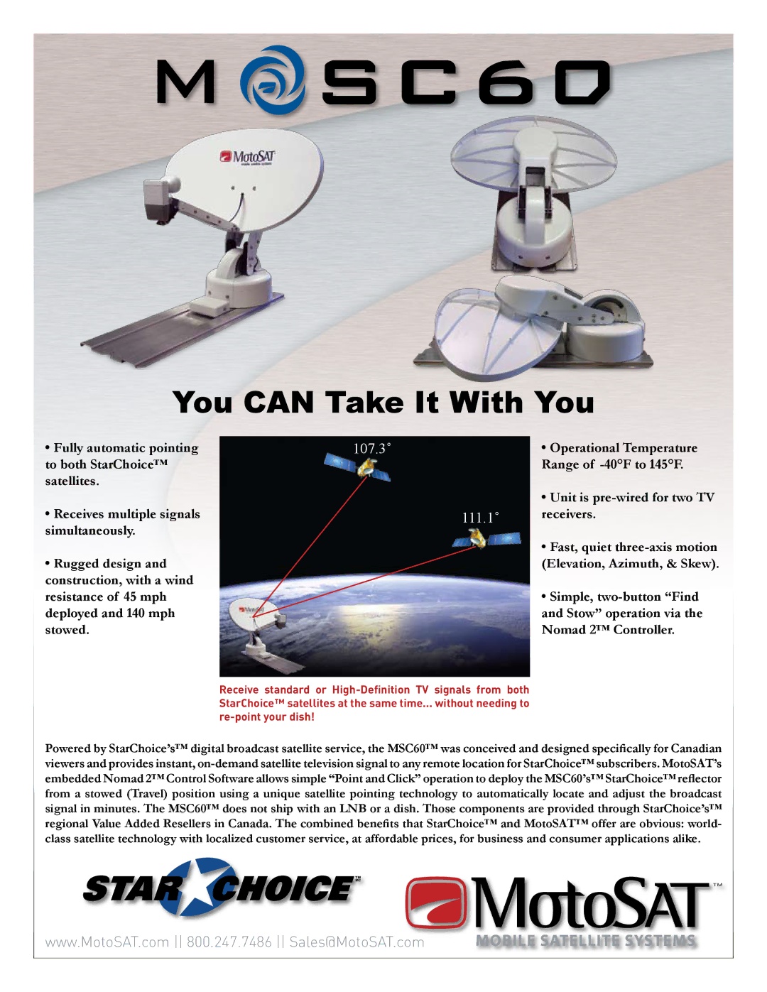 MotoSAT MSC60 manual You can Take It With You, 107.3˚, 111.1˚ 