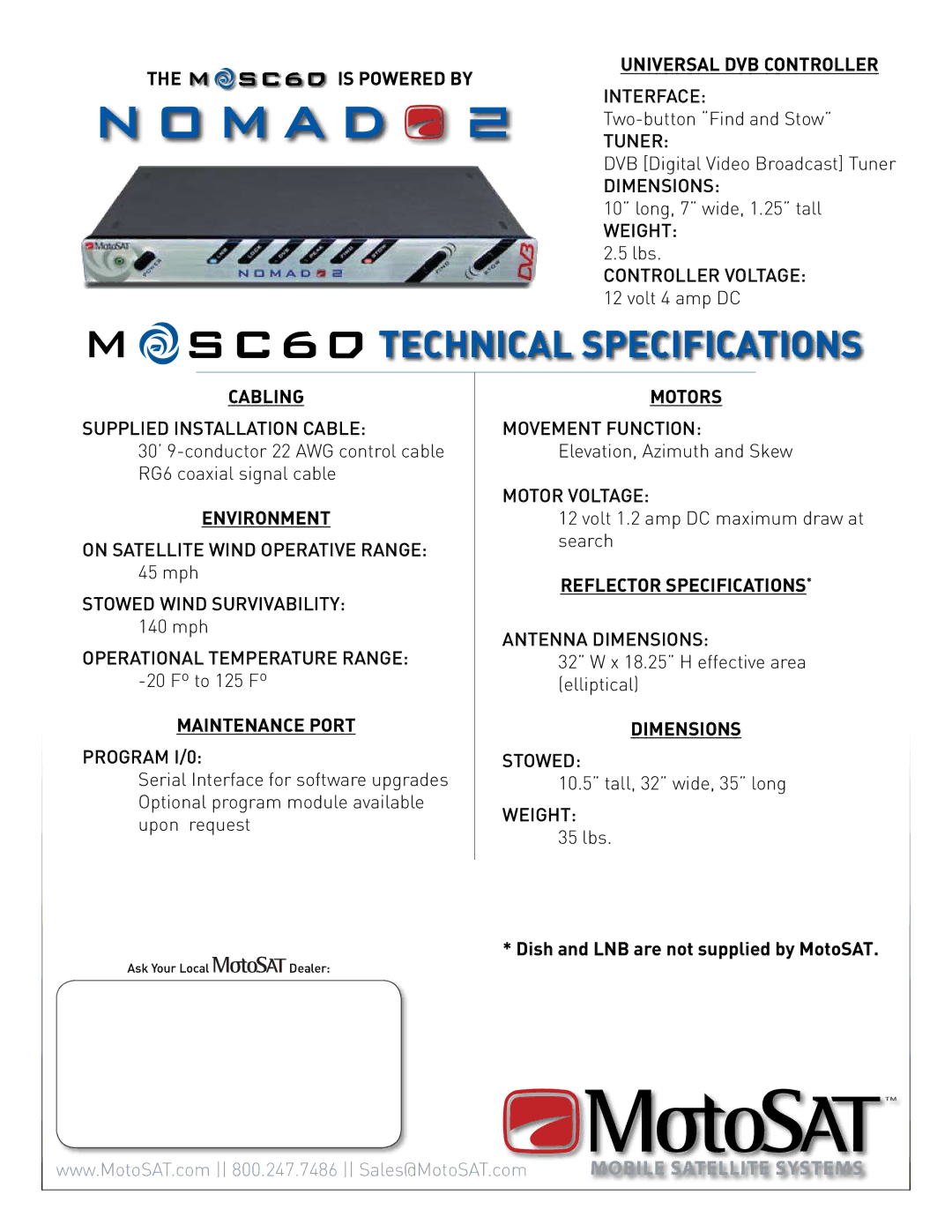 MotoSAT MSC60 manual Technical Specifications 