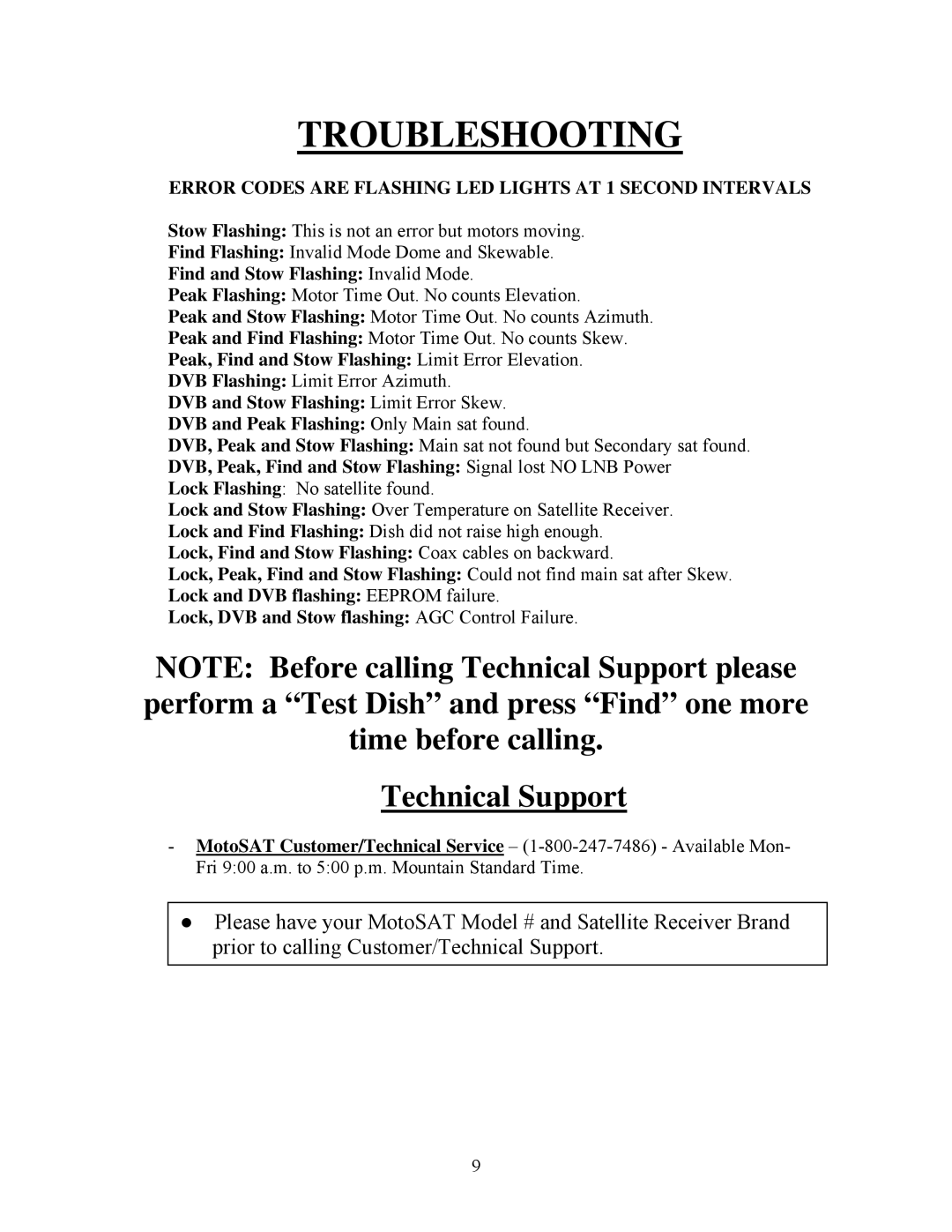 MotoSAT Nomad 2 manual Technical Support, Error Codes are Flashing LED Lights AT 1 Second Intervals 