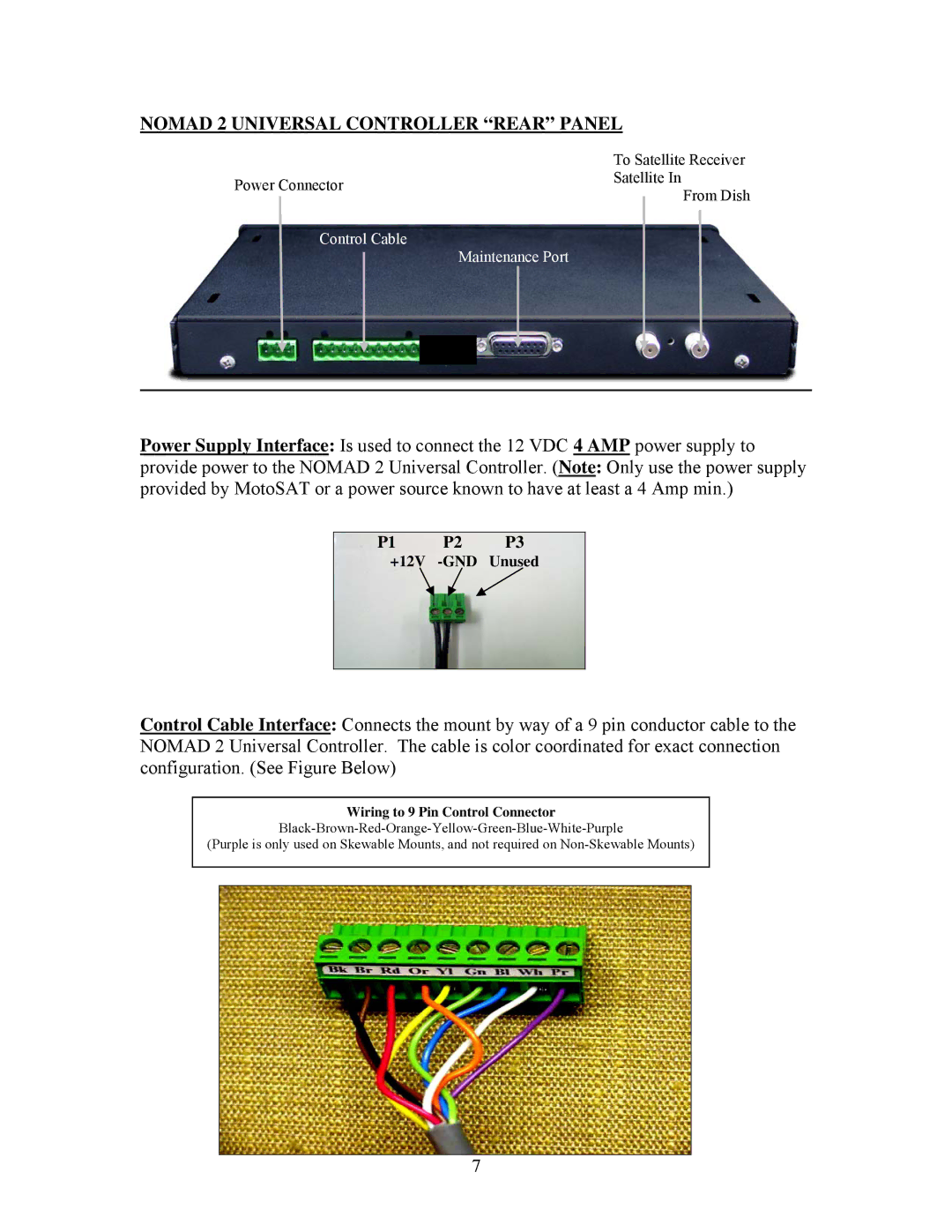 MotoSAT manual Nomad 2 Universal Controller Rear Panel, Wiring to 9 Pin Control Connector 