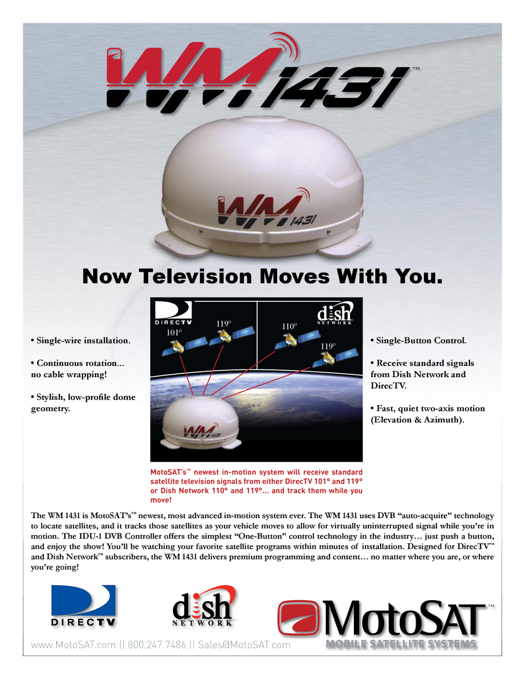 MotoSAT WM 1431 manual Now Television Moves With You 