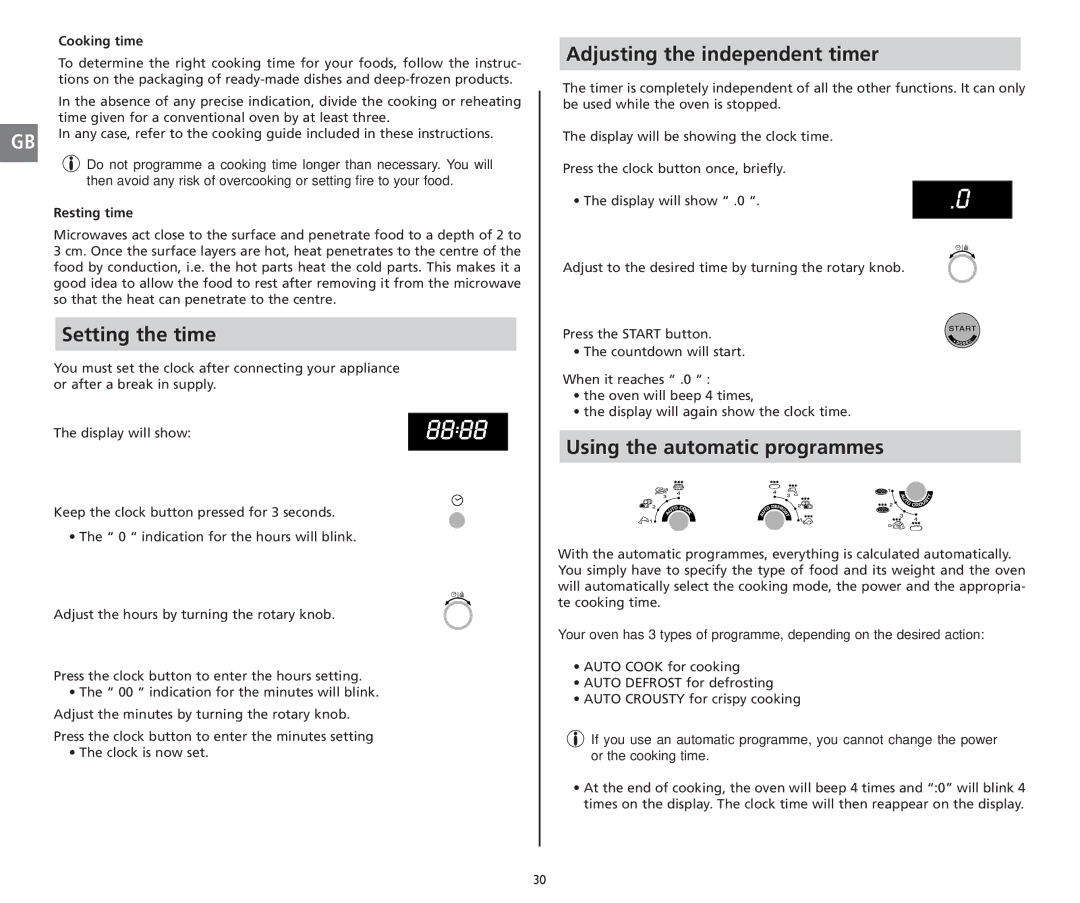 Moulinex 5141 manual Setting the time, Adjusting the independent timer, Using the automatic programmes, Cooking time 