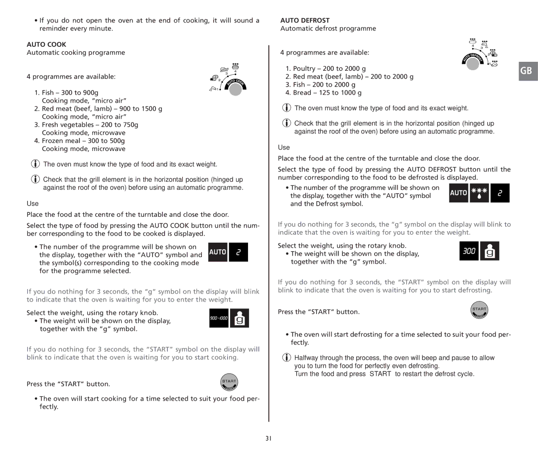 Moulinex 5141 manual Auto Cook, Oven must know the type of food and its exact weight, Use, Auto Defrost 