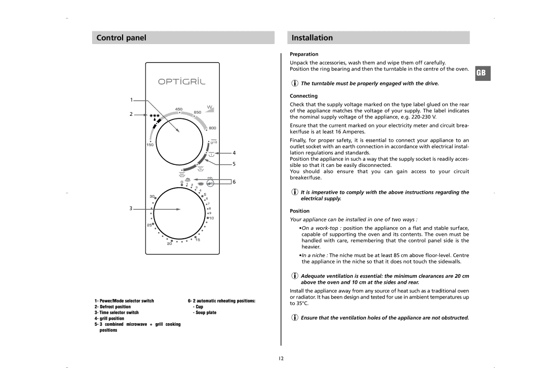 Moulinex AFW2 manual Control panel, Installation, Turntable must be properly engaged with the drive 