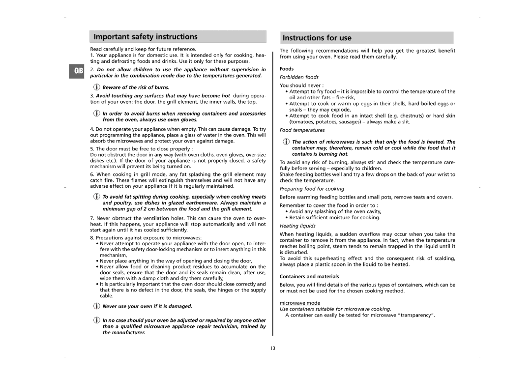 Moulinex AFW2 manual Important safety instructions, Instructions for use, Foods, Containers and materials 