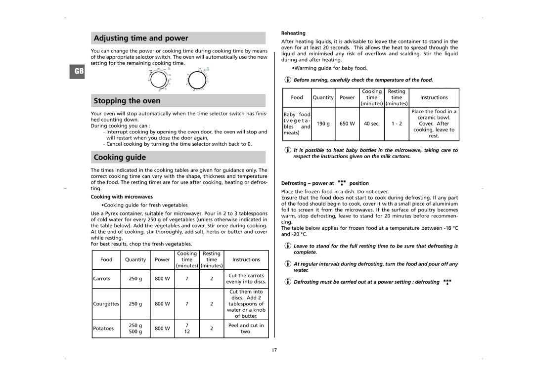 Moulinex AFW2 manual Adjusting time and power, Stopping the oven, Cooking guide 