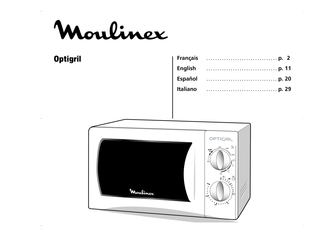 Moulinex AFW2 manual Optigril, Français, English, Español, Italiano, 6 7 